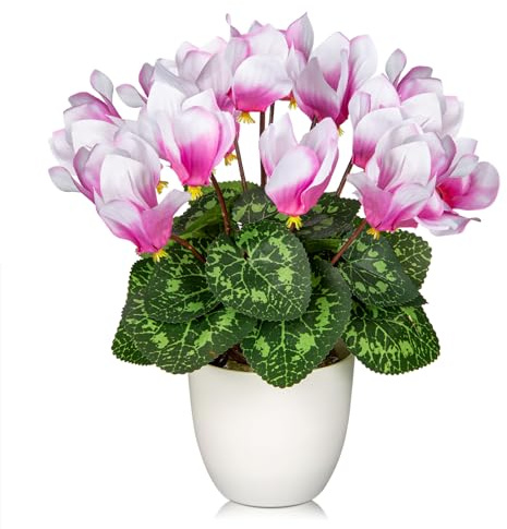 Oairse Künstliche Alpenveilchenblumen, Topfpflanze, künstliche Seidenblumen, Pflanzen im weißen Topf, künstliche rosa Alpenveilchen, Blumenarrangement, Heimdekoration, Büro, Badezimmer, Regal