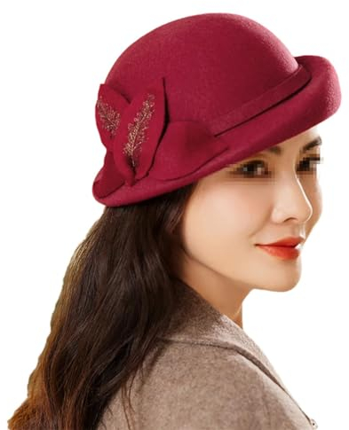 SaoBiiu Baskenmütze, Damen, unregelmäßige Pillbox, Wolle, Fedoras, Party, Filzhüte, rot, Head 55-58cm