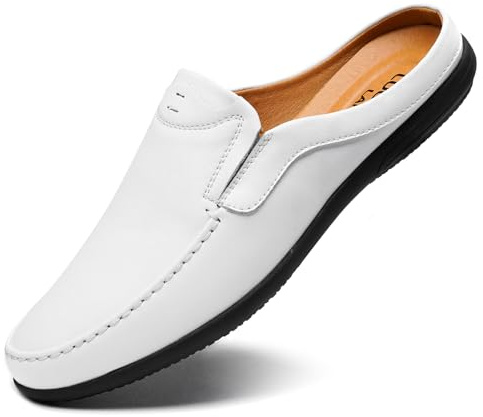 LUODENGLANG Men’s Slip-On Loafers Handmade Leather Slippers Breathable Comfortable Soft Hand Stitched no-heel Casual Shoes For Men White 45 M 10.5