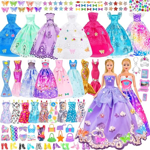 75pcs 11.5 inch Fashion Girl Doll with Clothes and Accessories Set Include Doll,Pricess Dresses,Long Dress,Fashion Slip Dress, Outfits, DIY Stikers for Girls Kids Toddlers Toy Gifts (Include Doll)