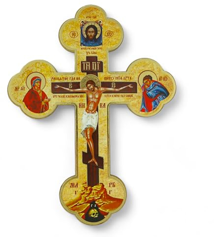 BlessedMart Ukrainisch-orthodoxes Wandkreuz – Byzantinisches Kruzifix aus Holz mit Theotokos und Johannes für den Hausaltar – 20,3 cm