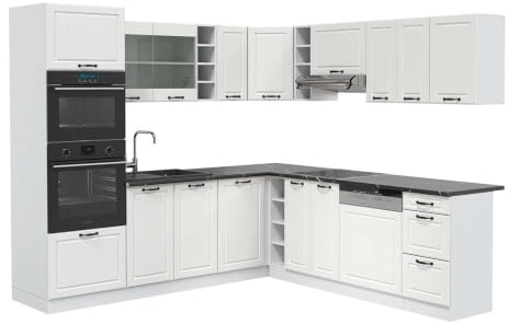 Vicco Eckküche R-Line, Weiß Landhaus/Weiß, 247 x 237 cm | 14 Module · Höhenverstellbare Füße · AP Anthrazit inkl. · MDF-Fronten · Mit Backofen-/Mikrowellenschrank