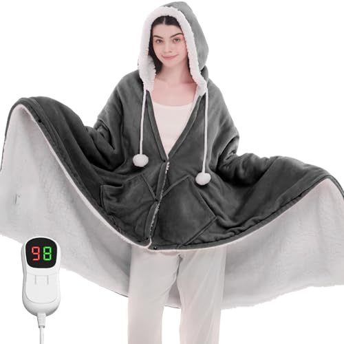 JKMAX Heated Electric Blanket Shawl - Wearable Heating Blanket Heated Throw Blanket - Heated Hoodie Poncho Wearable Sherpa Wrap with 10-Level Heating Auto-Off for Adults (40''x70'', Grey)