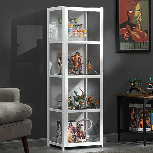 Pounjsd Vitrine Transparente pour Collection, vitrine en Acrylique, Bibliothèque à 4 Étagères, Presentoir pour Figurine, Rangement avec Étagères sur Salon, Bureau, Blanc, H130×L42×W33cm