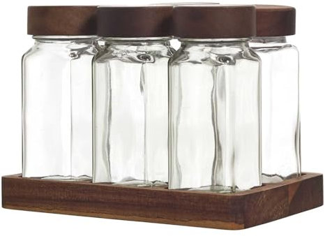 COOK CONCEPT - KA0366 Bocaux à Épices en Verre avec Plateau Acacia - Couvercles Hermétiques - Étiquettes Personnalisables - Ensemble de 6 Pièces - Taille Standard - Transparent