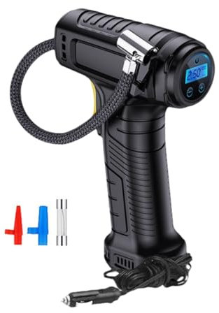 RevpoltIQ Tyre Inflator Air Compressor Handheld Car Tyre Inflator 12V Rapid Tyre Inflator Portable Auto Tyre Pump with LED Light, preset digital pressure gauge, 2 Nozzle for Car