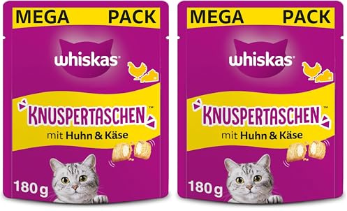 Whiskas Knuspertaschen Katzensnack mit Huhn– & Käsegeschmack, 8er Pack, 4x180g – Katzenleckerlis für Erwachsene Katzen