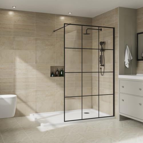 NRG 1000 x 1950mm Bathroom Wet Room Screen Panel 8mm Black Grid Easy Clean Glass Black Framed Walk in Shower Enclosure