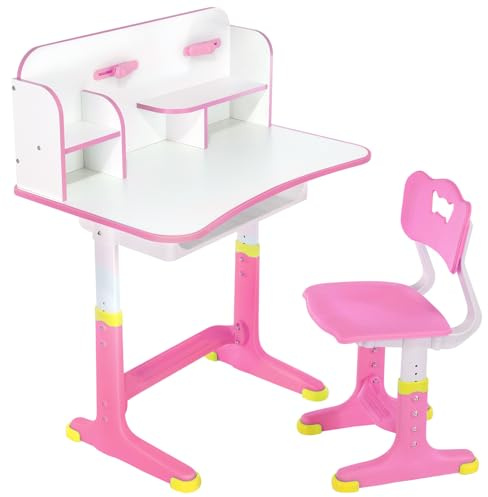 Oyajia Kinderschreibtisch Set, höhenverstellbarer Kindertisch und Stuhl mit Schublade & Bücherständer, Kinder Schreibtisch für Jungs & Mädchen (Normales-Rosa)