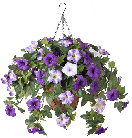 Ammyoo Artificial Hanging Fake Flowers with Basket Plants for Outdoor Decoration, Faux Silk Flower UV Resistant Morning Glory for Home Porch Patio Garden Balcony Yard Look Real (Purple White)