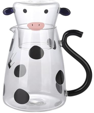 Giwnhvx Wasserkaraffe Aus Glas mit Tasse, Hübscher Cartoon-Kuh, Kaltwasserkessel, Blühende, Milchbehälter, Eisgetränkeflasche, Groß