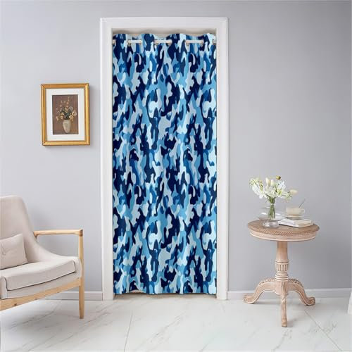 Mateju Vorhang Blickdicht mit Ösen Türvorhang, Verdunklungsvorhänge 1 Stück mit 3D Camouflage, Thermovorhang Wohnzimmer für Falttür Schrank Raumteiler und Küchen (Blue,130x180cm)