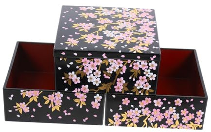 NAMOARLY Japanese Cherry Blossom Sushi Box Small Size 12.5x12.5x16cm Three-Layer Plastic Bento Container Gold Foil for Home Parties Picnics and Sushi Storage