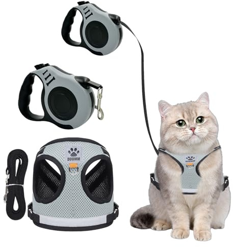 Katzengeschirr und Leine Set Ausziehbar Einziehbare Katze Hund Leine 16.4Ft / 5M Lange Linie Hundeleinen Reflektierend Verstellbar Ausbruchsicher Geschirr Weste (Grau, S)