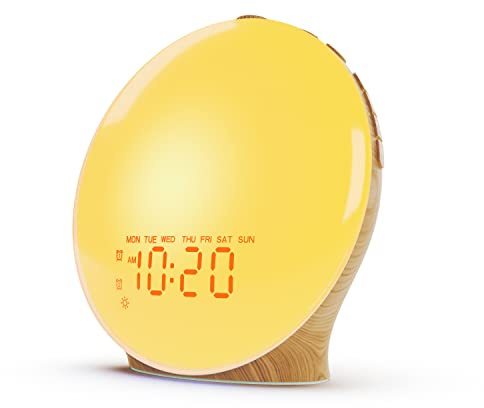 JALL Wake Up Light Sunrise Alarm Clock for Kids, Heavy Sleepers, Bedroom, White Noise Sound Machine with 17 Nihgt Lights, 25 Soothing Sounds, Bluetooth Speaker, Dual Alarms, FM Radio, Wood Grain