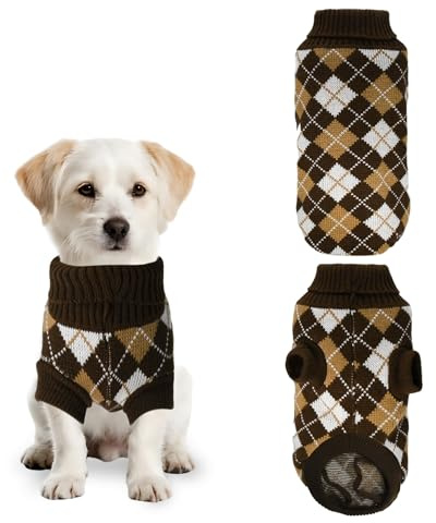 PawSailor Hundepullover Rollkragenpullover Gestrickt Karomuster, Braun XL | Warmer Strickpullover Karomuster Komfort Welpenpullover Kuschelweich Winter-Outfit für Mittelgroße Hunde wie Gorgi, Beagles