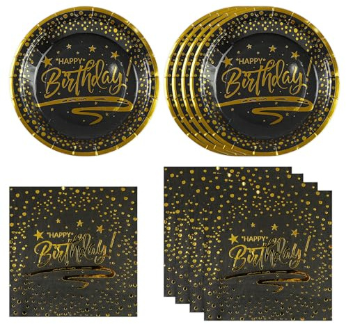 50 Stück Pappteller und Servietten Geburtstag Partygeschirr Set, Schwarz Gold Punkte Partyteller Servietten Einweg Kindergeburtstag Tischdeko für Geburtstag Deko Mädchen Junge Frau Mann (Schwarz Gold)