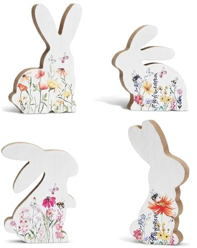4 Stück Osterhase Dekoration, Weiße Osterdeko Holz, Frühlingsdeko Aufsteller, Osterhasen Figuren Set, Ostern Deko für Tisch, Garten, Party, Ostergeschenk, Frühlingsdeko, Erwachsene, Party