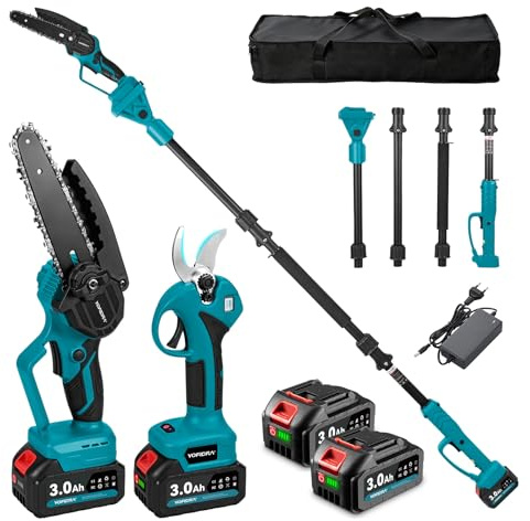 Yofidra 4-i-1 batteridriven högknapp, 6 tums teleskopmotorsåg och 30 mm grensax elektrisk, 180° justerbar vinkel, trädgårdsverktygsset med 2 x 3,0 Ah batteri, 240 cm teleskopstång, max. Räckvidd upp