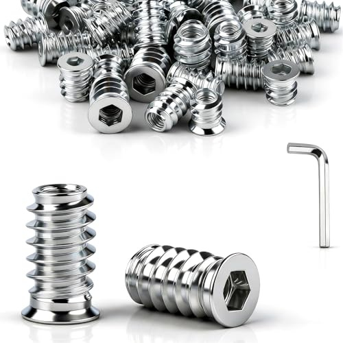 jwtyu 45 Stück Einschraubmutter M5 Einschraubmuffen M5x12mm Silber | Verzinkte, mit Schraubenschlüssel Innensechskant, Gewindehülsen für Holz Faserplatten Sperrholz und Holzmöbel