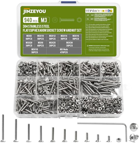 940 Stück M3 Schrauben Set, Edelstahl Senkkopfschrauben Muttern Set, Metrisch Flachkopfschrauben Innensechskant Schrauben mit Muttern Sets mit Unterlegscheiben (940, M3)