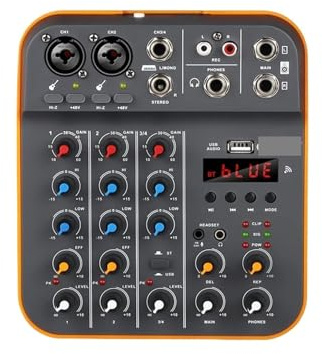DJ-Controller, Mixer 4-Kanal DJ-Konsole mit Bluetooth USB Soundkarte 48V for PC Aufnahme Mikrofon Live-Streaming