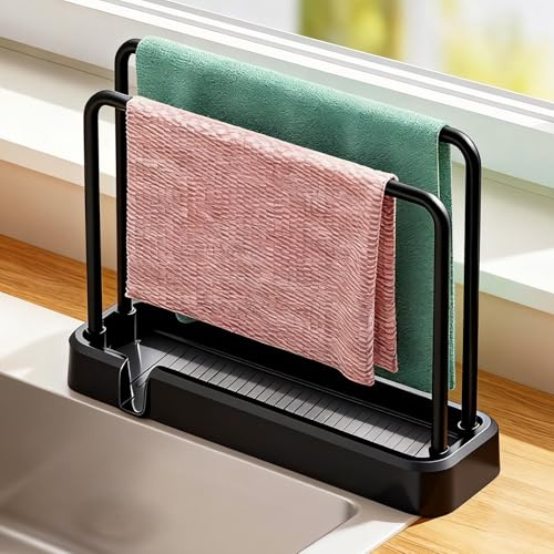 inkihuit Spüle Küchen Organizer - Spülbecken Abtropfregal mit Abtropfschale, Multifunktionaler Schwamm & Spülbürsten Halter, Handtuchhalter, Platzsparend für Fensterbank, Küchenecke, schwarz, 1 Stück