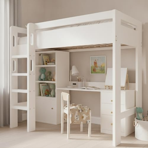 Su & Chan Legence High Sleeper Bed with Desk, Loft Bed with Large Storage and Charging Function, Kids Bed with Slatted Frame and Safety Ladder, No Mattress, 90 x 190cm, White