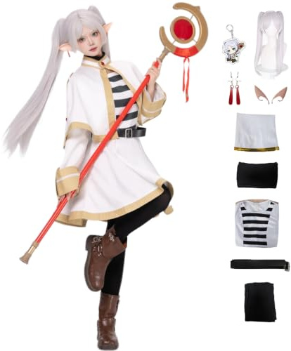 XINVTIV Frieren Cosplay Costume Adult Women Frieren Cosplay Dress White Cape Skirt Uniform with Gold Trim for Halloween