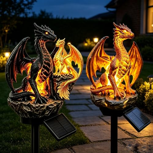 RUTYAUB Drachen Solar Gartenleuchte, Solar Gartenfigur mit LED Warmlicht aus Harz, Wetterfeste Drachen Statuenlampe für Garten, Terrasse, Hof, Fantasy Gothic Deko, Geschenk für Drachenliebhaber，A+B