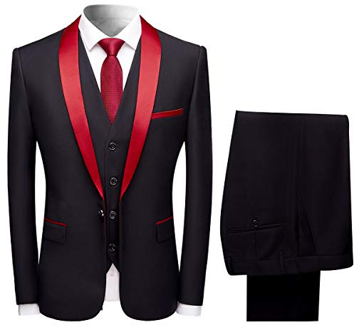 Sliktaa Mens Suits 3 Pieces Slim Fit Wedding Formal Dinner Suit Black One Button Notched Lapel Tuxedo Blazer Jacket Trousers and Waistcoat, Black 1, XL