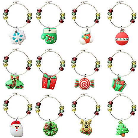 CNYMANY 12 pcs Wine Glass Charms, Christmas Themed Goblet Drink Markers Tags with Buckle Design for Christmas Wine Cocktail Champagne Tasting Party Favors Supplies Gifts