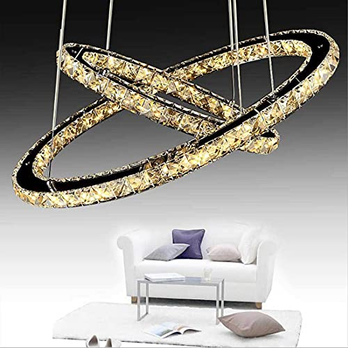 Pendelleuchte LED Esszimmer Kristallleuchter, Hängelampe Kristall Oval Esstischlampe 2-flammig, Modern Chrom Metall Ring Design Leuchte, Deckenbeleuchtung für Wohnzimmer Küchen Kronleuchter, Ø30+50cm