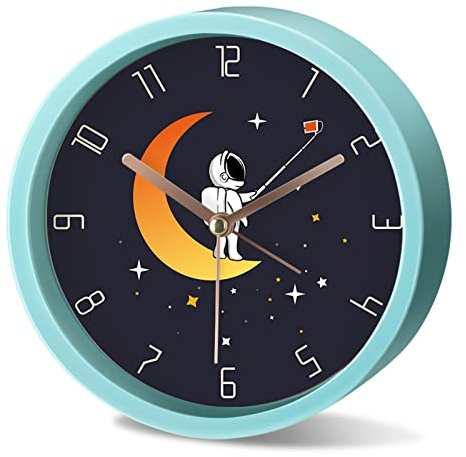 EXQULEG Kinder Wecker Weltraum Astronauten, Kinderwecker Ohne Ticken, Analoger Wecker Reisewecker für Junge Mädchen und Schüler (B,Runde)