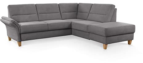 CAVADORE Ecksofa Wyk mit Federkern / Eckcouch im Landhaus-Stil mit Ottomane und Holzfüßen / 238 x 90 x 213 / Jacquard, Grau