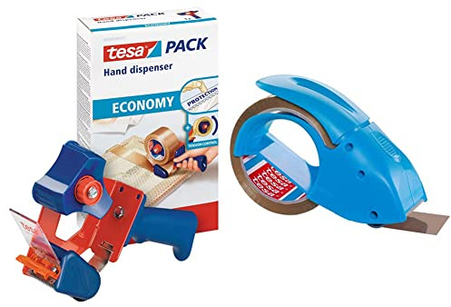 tesa Packband Handabroller ECONOMY - robuster Abroller für Paketbänder - Für Klebebänder mit bis zu 50 cm Breite & pack Abroller Pack' n' Go - blauer Handabroller für Paketbänder 50 m x 48 mm