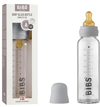 Biberon in vetro BIBS. Anti-coliche. Tettarella rotonda in lattice di gomma naturale. Favorisce l'allattamento naturale al seno, 225 ml, Cloud
