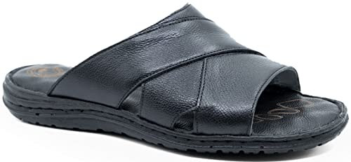 Lusco Sandals Mens Open Toe Full leather Comfort Indoor and Outdoor Summer Sliders T2 (Black, UK Footwear Size System, Adult, Men, Numeric, Medium, 9)