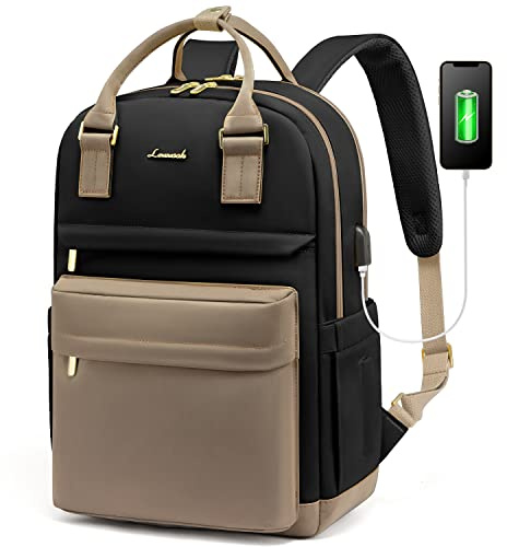 LOVEVOOK Travel Backpack Womens, 15.6 Inch Laptop Bags for Girls Waterproof School Rucksack with USB Port for Work Business College School, Khaki Black