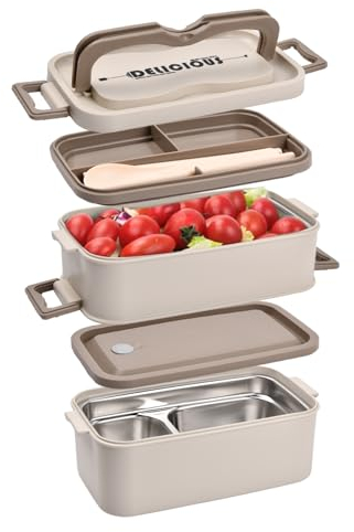 Anseom Bento Box 700-2800ml Lunchbox für Erwachsene Stapelbare Frei kombinierbar Große Edelstahl Lunchbox mit Fächern Auslaufsichere Brotdose mit Besteck für Schule Büro Ausflug (2 Etagen)
