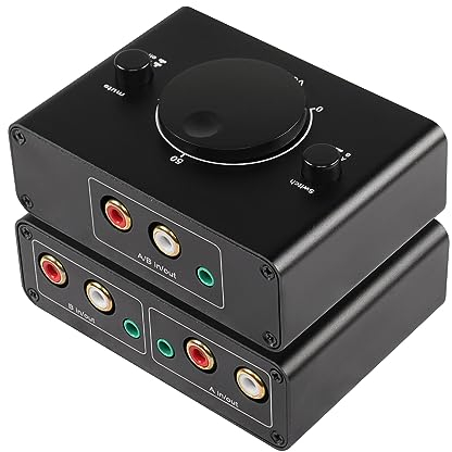 CERRXIAN Commutateur Audio stéréo bidirectionnel 2 Voies RCA 3,5 mm, 2 entrées 1 Sortie/1 entrée 2 Sorties, boîtier de Commutation répartiteur Audio, Bouton de sourdine à Une Touche pour écouteurs