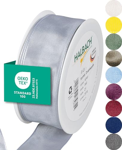 Halbach Geschenkband mit Drahtkante, 40 mm x 25 m, hellgrau | Taftband mit formbarer Drahtkante aus 100% Acetat, Made in Germany, Öko-Tex 100 zertifiziert, wetter-/wasserfest