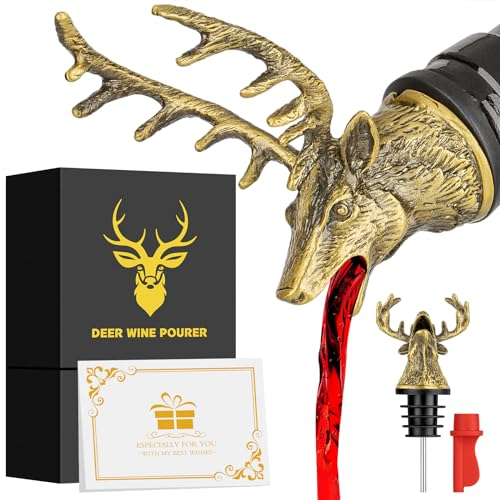 LKKCHER Deer Head Wine Bottle Pourer and Stopper Birthday Gifts Hunting Gifts for Hunters Men Dad Liquor Bottle Pourers Spout for Alcohol Spirits, Stag Gifts Wine Gifts, Bronze