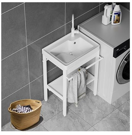 Lavabo Lavanderia Utilità ,Lavello da Cucina Autoportante,Lavandino da Giardino Esterno,Lavatoio Ceramica,con Rubinetto,Componenti di Drenaggio,Supporto in Acciaio Inox,per Garage,Cortile,interno/Este