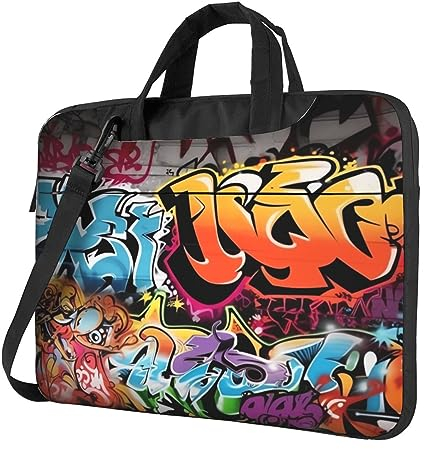 GFLFMXZW Laptoptasche mit Graffiti-Hip-Hop-Druck, stoßfest, Laptop-Umhängetasche, tragbare Kuriertasche mit Griff, Aktentasche, Schwarz, 14 inch