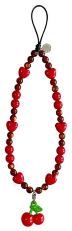 Drawwind Phone Charm Beaded Wristlet Strap Universal Cell Phone Lanyard Cute Bracelet Wrist Strap Beaded Chain String Handmade Accessories for Case Camera Bags (Sweet Cherries)