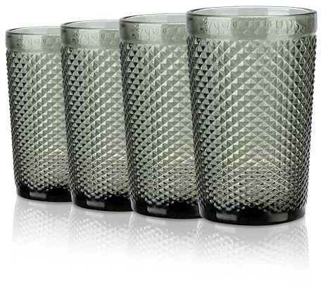 Joeyan Lot de 4 verres à boire vintage en relief, verres highball gris, verres à eau à motif diamant coloré de 350 ml, ensemble de verres pour boissons,jus,cocktails,bière, passent au lave-vaisselle