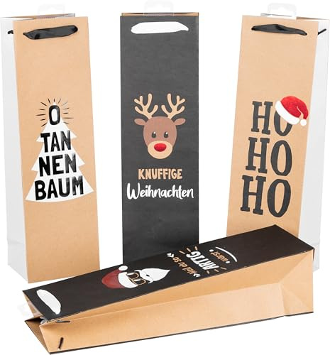 HEKU Weihnachts-Flaschentaschen mit Hotfoil-Veredelung und Prägung, 24 Stück I X-mas Nature Trend mit 4 Motiven I Hochwertiges Papier I Vielseitige Größe für Wein & Spirituosen 40x10x12cm