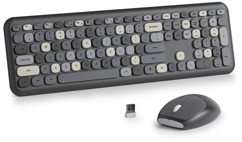 SbocKeeb Tastatur und Maus Kabellos, Retro Bunt Tastatur Funktastatur mit Stille Mouse Amerikanisch QWERTY , Cute Wireless Schreibmaschine Tastaturin in Voller Größe USB 2.4GHz für PC 666-Black Grey