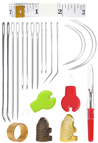 Juego de 23 agujas de coser de piel, agujas de cuero, juego de reparación para tapicería, fieltro, lona, kit de agujas de coser a mano con enhebrador, separador de costuras, dedal, regla suave (tamaño